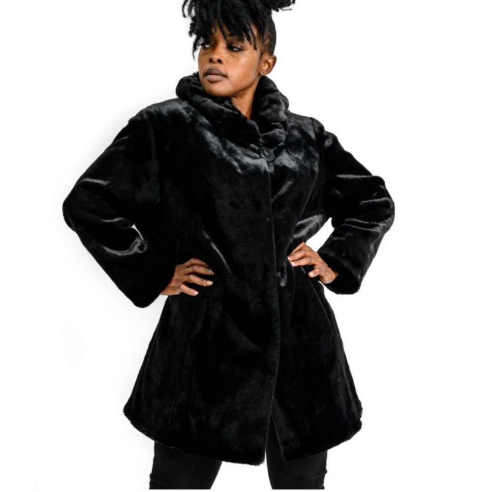 Black Faux Fur Sheared Beaver Car Coat